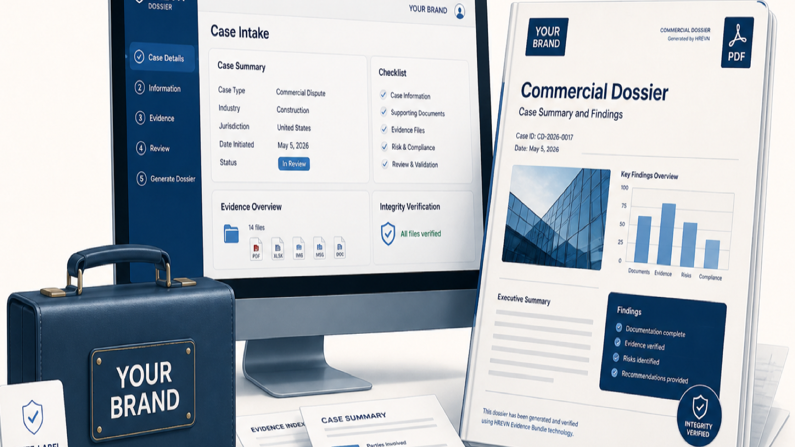 Editorial illustration of the Commercial Dossier with structured case intake, a branded delivery format and professional PDF output.