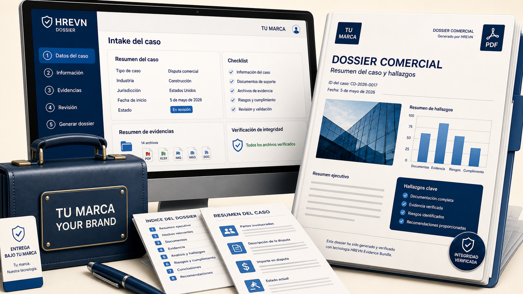 Ilustración editorial del Dossier Comercial con intake del caso, entrega bajo marca propia y PDF profesional de salida.