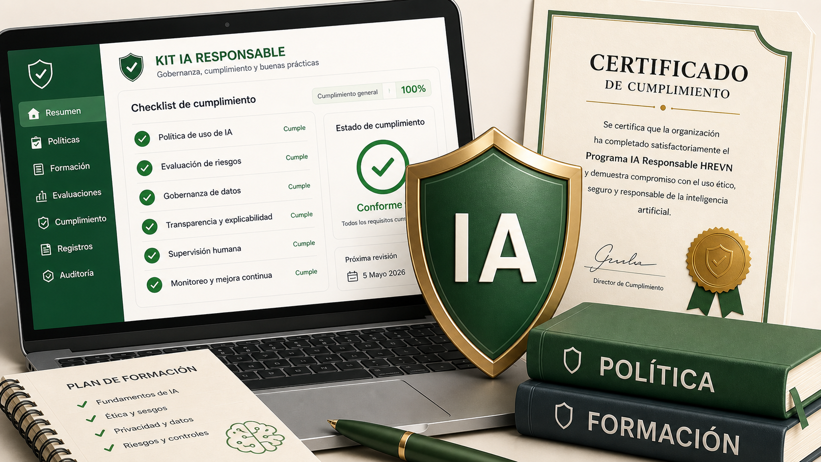 Ilustración editorial del Kit IA Responsable con checklist de cumplimiento, certificado y materiales de política y formación.