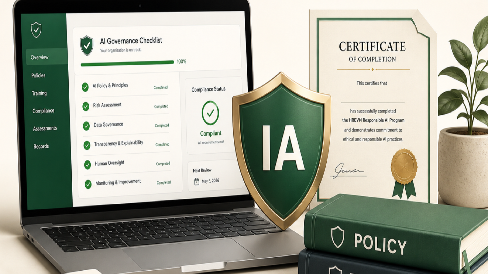 Editorial illustration of the Responsible AI Kit with a compliance checklist, certificate and policy and training materials.