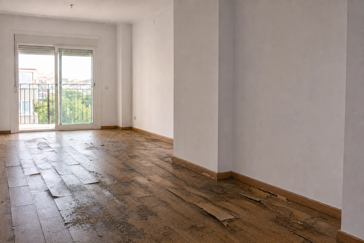 Synthetic living room with broken, moisture-damaged laminate flooring.