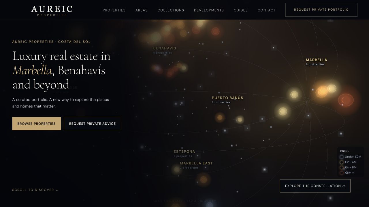 Screenshot of the Aureic Properties home page with its constellation