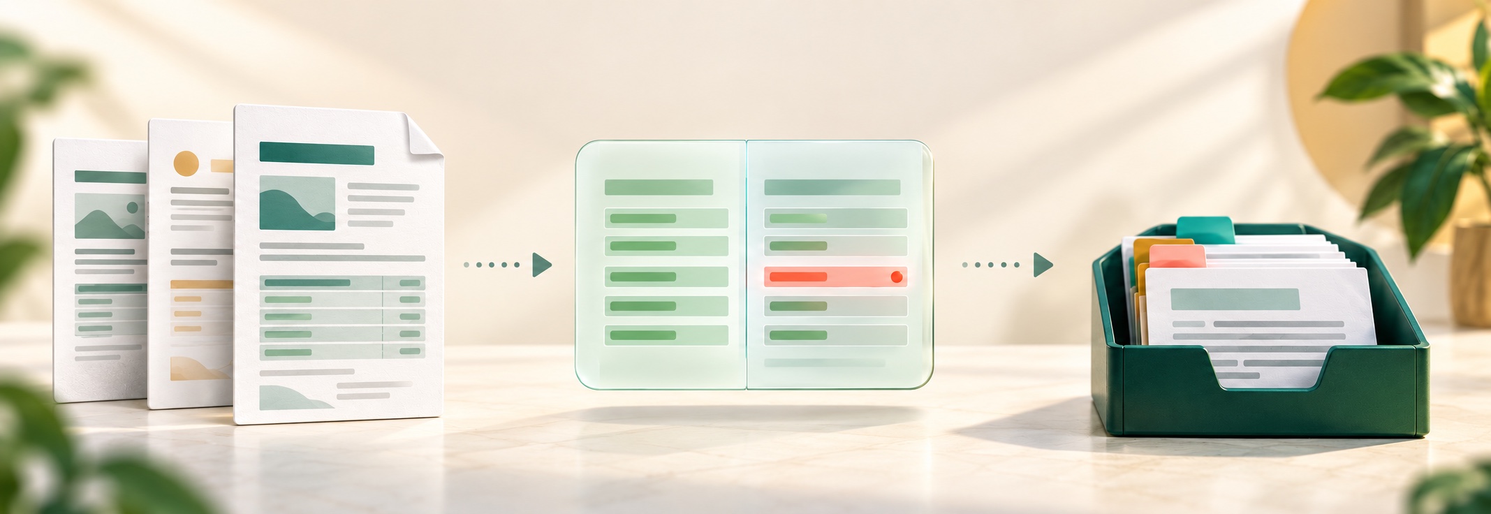 Tres etapas separadas: documentos aportados, comparación de evidencias con una discrepancia destacada y expediente organizado para revisión.
